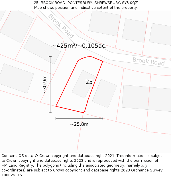 25, BROOK ROAD, PONTESBURY, SHREWSBURY, SY5 0QZ: Plot and title map