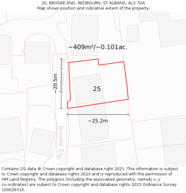 25, BROOKE END, REDBOURN, ST ALBANS, AL3 7GA: Plot and title map