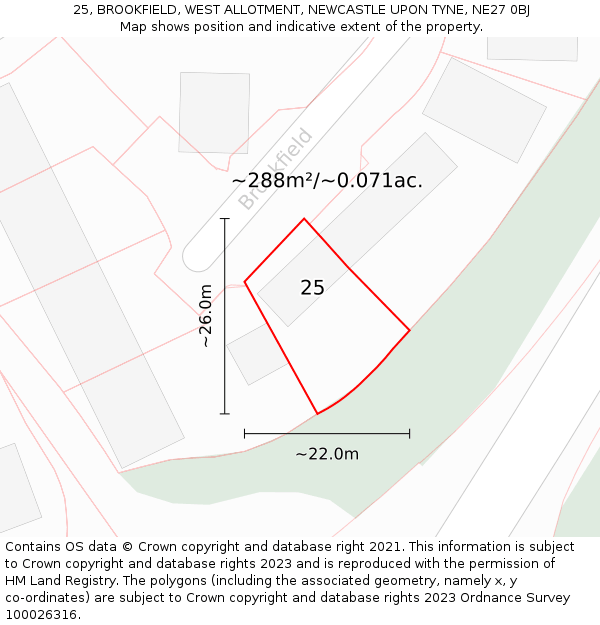 25, BROOKFIELD, WEST ALLOTMENT, NEWCASTLE UPON TYNE, NE27 0BJ: Plot and title map