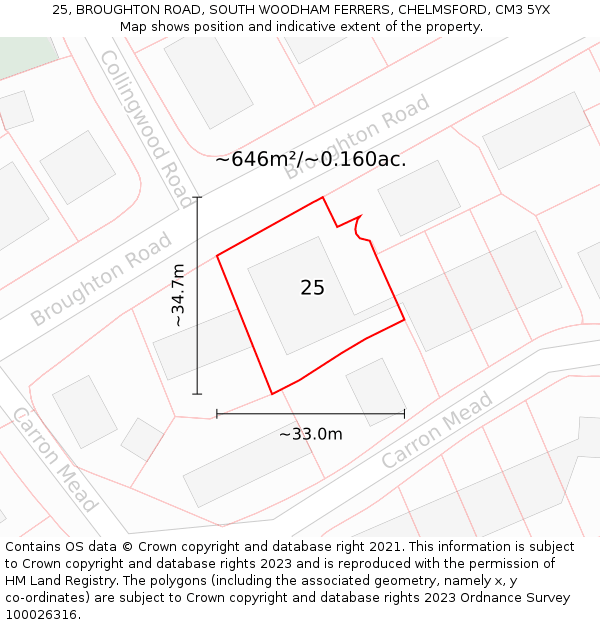 25, BROUGHTON ROAD, SOUTH WOODHAM FERRERS, CHELMSFORD, CM3 5YX: Plot and title map