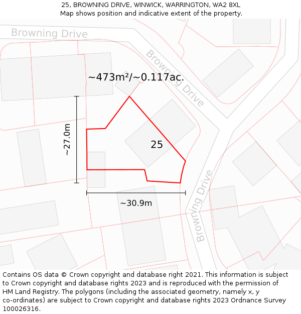 25, BROWNING DRIVE, WINWICK, WARRINGTON, WA2 8XL: Plot and title map