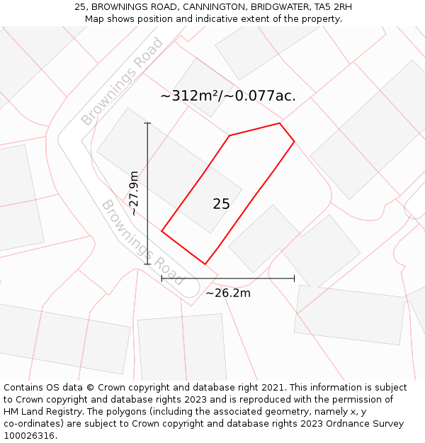 25, BROWNINGS ROAD, CANNINGTON, BRIDGWATER, TA5 2RH: Plot and title map