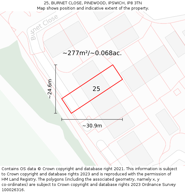 25, BURNET CLOSE, PINEWOOD, IPSWICH, IP8 3TN: Plot and title map