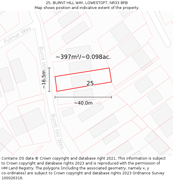 25, BURNT HILL WAY, LOWESTOFT, NR33 8PB: Plot and title map