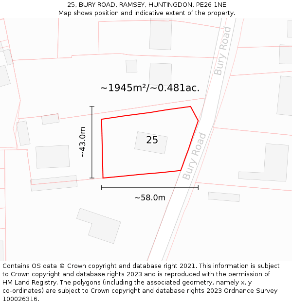 25, BURY ROAD, RAMSEY, HUNTINGDON, PE26 1NE: Plot and title map