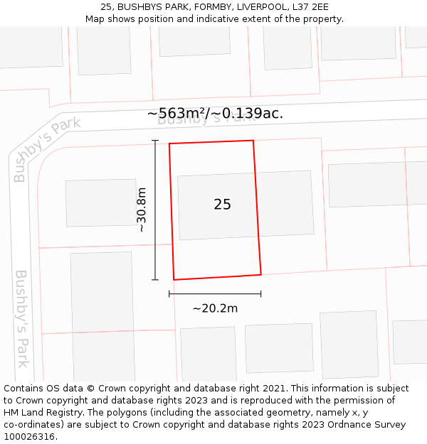 25, BUSHBYS PARK, FORMBY, LIVERPOOL, L37 2EE: Plot and title map