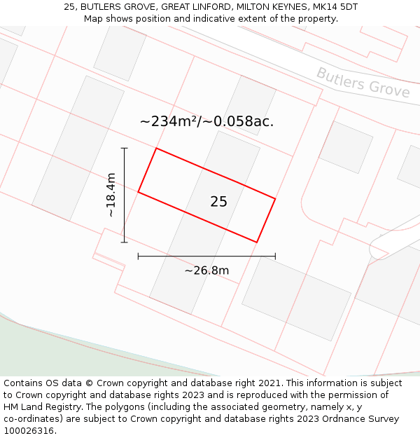 25, BUTLERS GROVE, GREAT LINFORD, MILTON KEYNES, MK14 5DT: Plot and title map