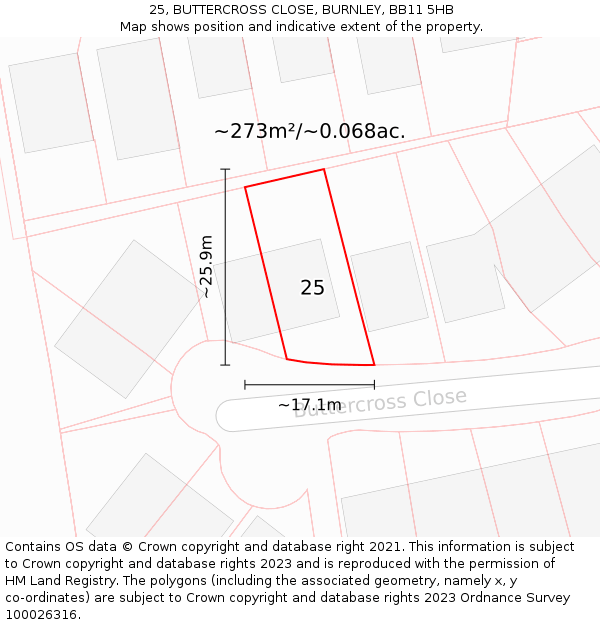 25, BUTTERCROSS CLOSE, BURNLEY, BB11 5HB: Plot and title map