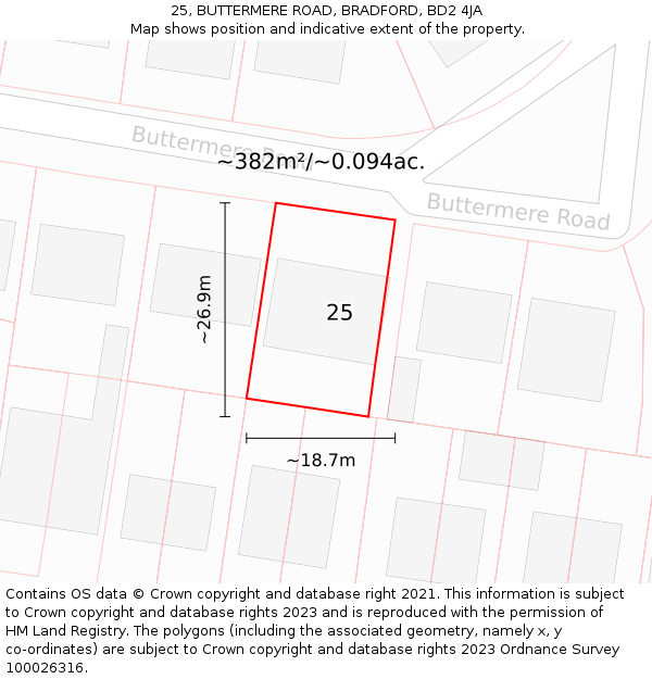 25, BUTTERMERE ROAD, BRADFORD, BD2 4JA: Plot and title map