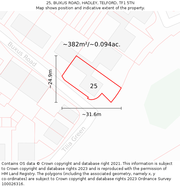 25, BUXUS ROAD, HADLEY, TELFORD, TF1 5TN: Plot and title map