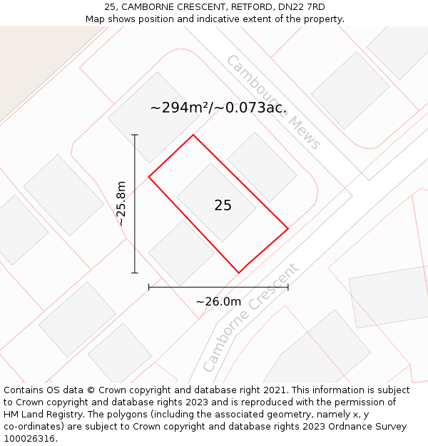 25, CAMBORNE CRESCENT, RETFORD, DN22 7RD: Plot and title map