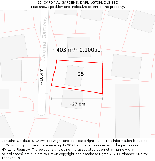 25, CARDINAL GARDENS, DARLINGTON, DL3 8SD: Plot and title map