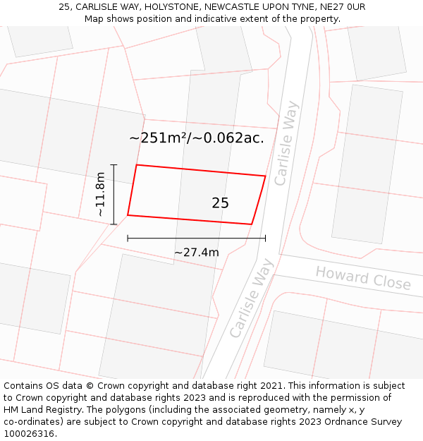 25, CARLISLE WAY, HOLYSTONE, NEWCASTLE UPON TYNE, NE27 0UR: Plot and title map