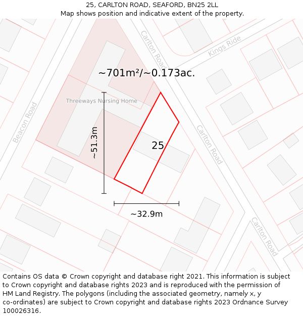 25, CARLTON ROAD, SEAFORD, BN25 2LL: Plot and title map