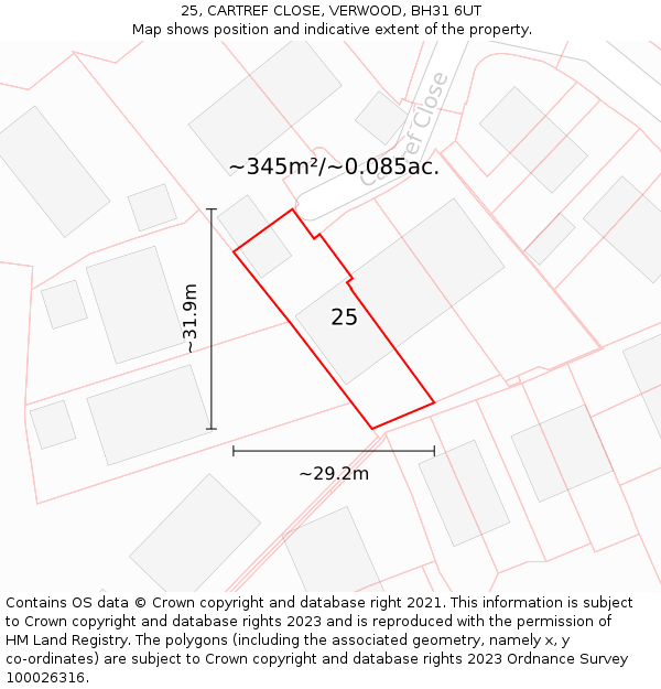 25, CARTREF CLOSE, VERWOOD, BH31 6UT: Plot and title map