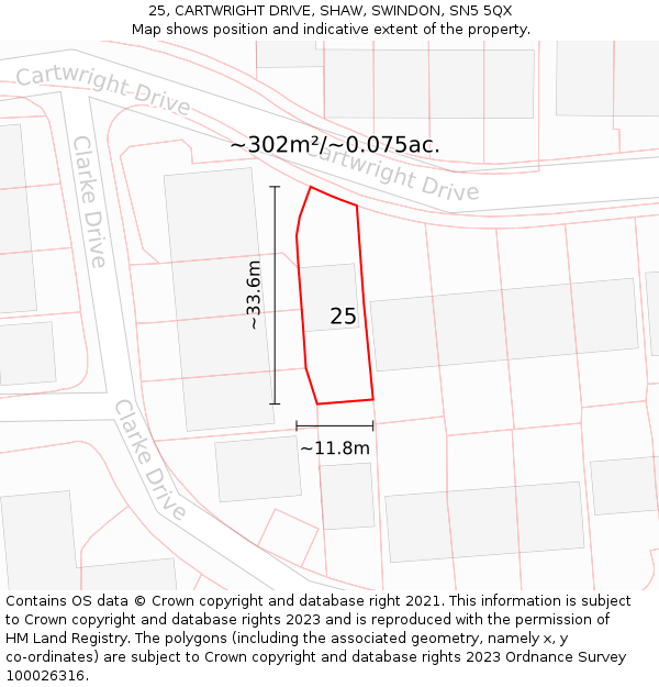 25, CARTWRIGHT DRIVE, SHAW, SWINDON, SN5 5QX: Plot and title map