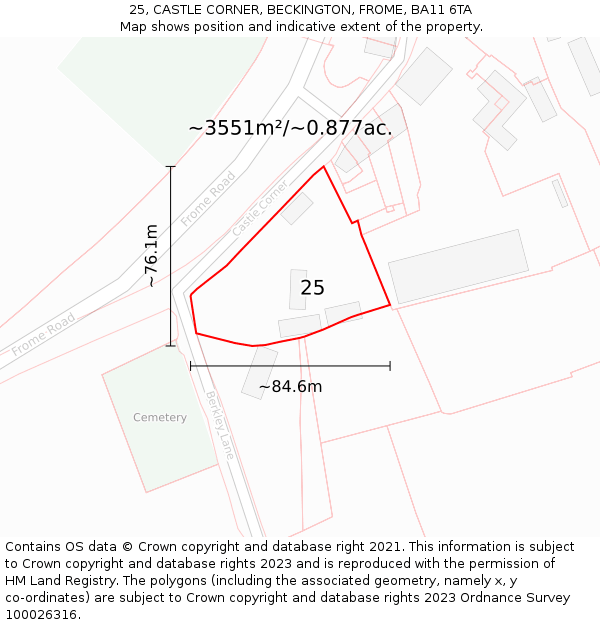 25, CASTLE CORNER, BECKINGTON, FROME, BA11 6TA: Plot and title map