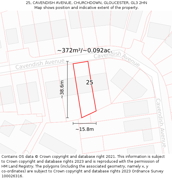 25, CAVENDISH AVENUE, CHURCHDOWN, GLOUCESTER, GL3 2HN: Plot and title map