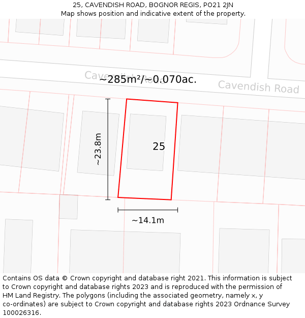 25, CAVENDISH ROAD, BOGNOR REGIS, PO21 2JN: Plot and title map