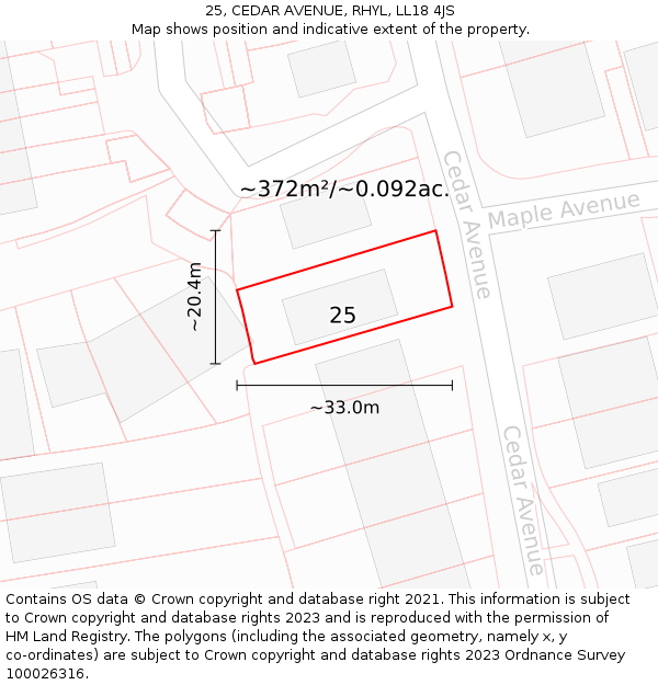 25, CEDAR AVENUE, RHYL, LL18 4JS: Plot and title map