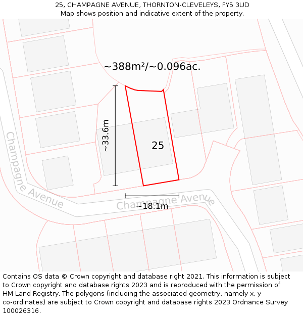 25, CHAMPAGNE AVENUE, THORNTON-CLEVELEYS, FY5 3UD: Plot and title map