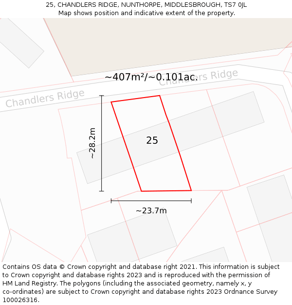 25, CHANDLERS RIDGE, NUNTHORPE, MIDDLESBROUGH, TS7 0JL: Plot and title map