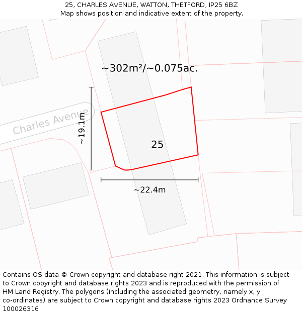 25, CHARLES AVENUE, WATTON, THETFORD, IP25 6BZ: Plot and title map