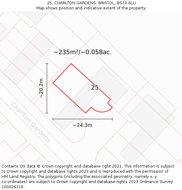 25, CHARLTON GARDENS, BRISTOL, BS10 6LU: Plot and title map