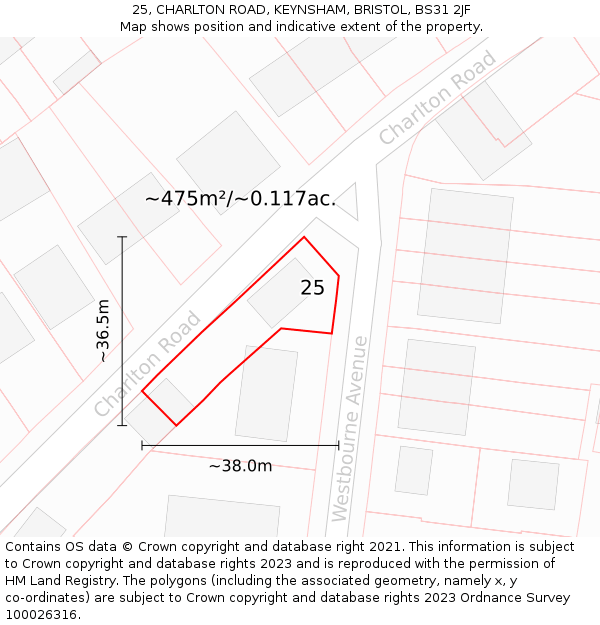 25, CHARLTON ROAD, KEYNSHAM, BRISTOL, BS31 2JF: Plot and title map