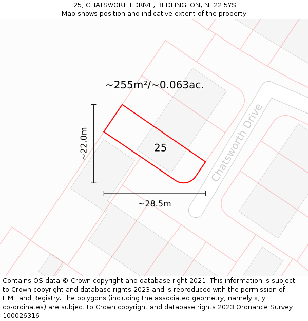 25, CHATSWORTH DRIVE, BEDLINGTON, NE22 5YS: Plot and title map