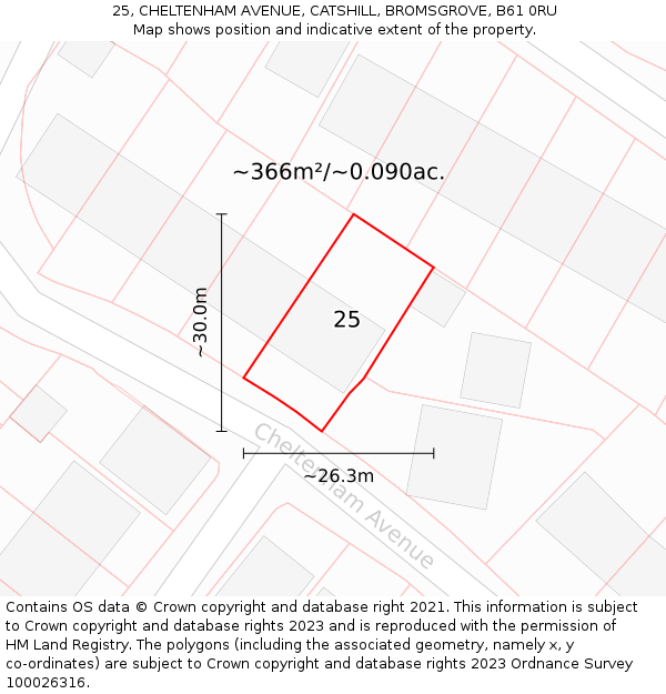 25, CHELTENHAM AVENUE, CATSHILL, BROMSGROVE, B61 0RU: Plot and title map