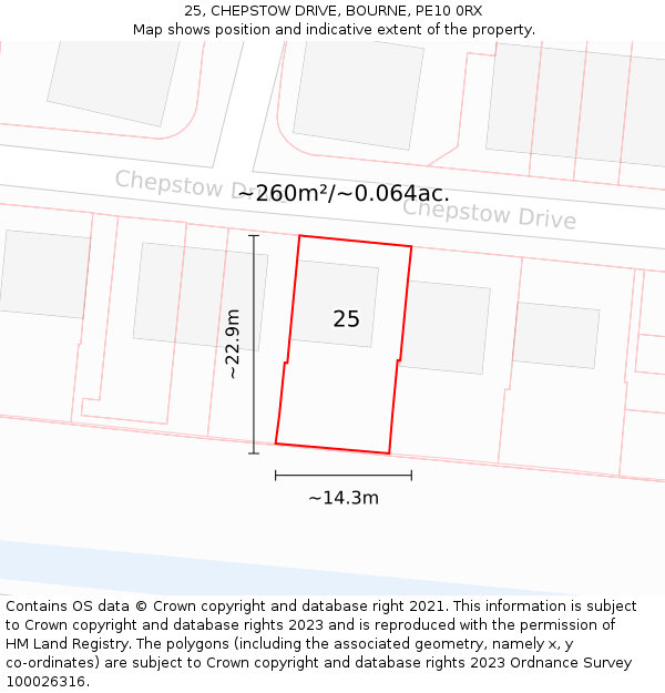 25, CHEPSTOW DRIVE, BOURNE, PE10 0RX: Plot and title map