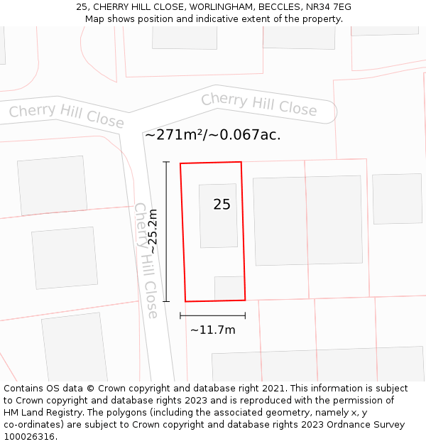 25, CHERRY HILL CLOSE, WORLINGHAM, BECCLES, NR34 7EG: Plot and title map