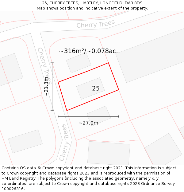 25, CHERRY TREES, HARTLEY, LONGFIELD, DA3 8DS: Plot and title map