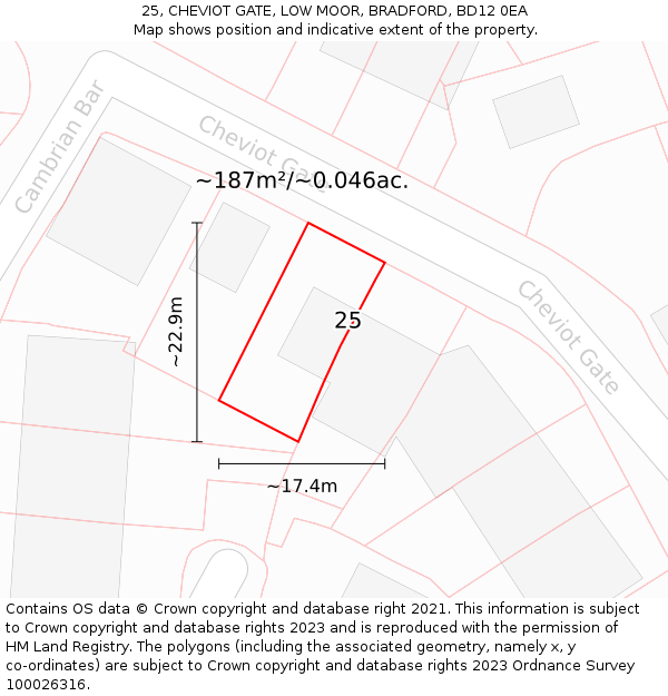 25, CHEVIOT GATE, LOW MOOR, BRADFORD, BD12 0EA: Plot and title map