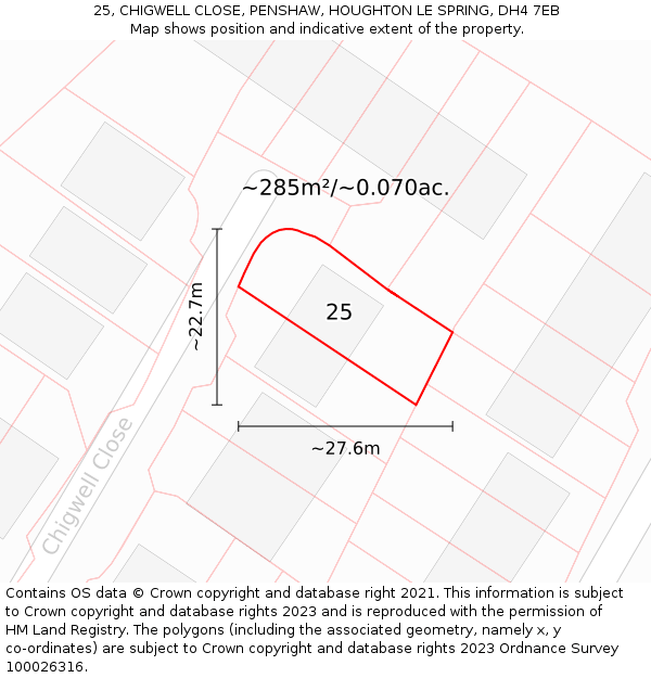 25, CHIGWELL CLOSE, PENSHAW, HOUGHTON LE SPRING, DH4 7EB: Plot and title map