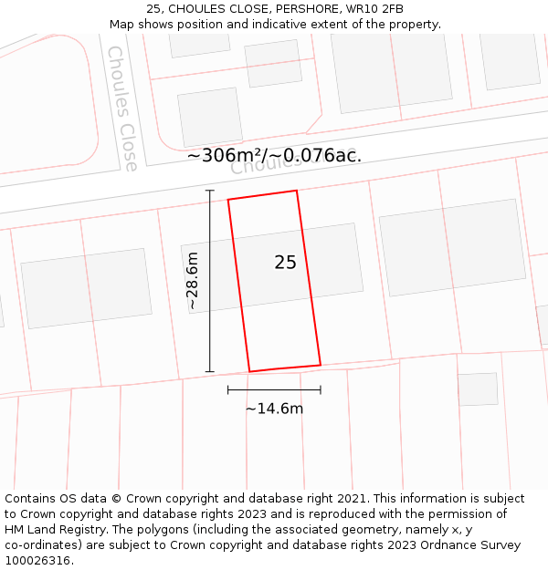 25, CHOULES CLOSE, PERSHORE, WR10 2FB: Plot and title map