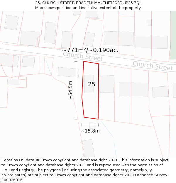 25, CHURCH STREET, BRADENHAM, THETFORD, IP25 7QL: Plot and title map