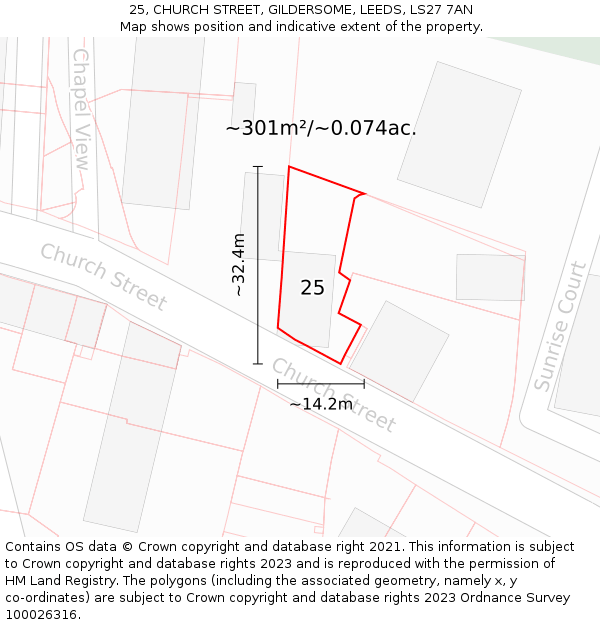 25, CHURCH STREET, GILDERSOME, LEEDS, LS27 7AN: Plot and title map