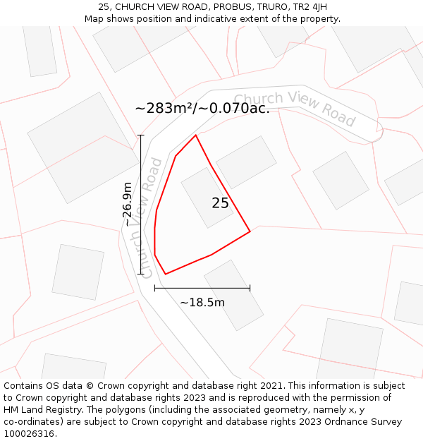 25, CHURCH VIEW ROAD, PROBUS, TRURO, TR2 4JH: Plot and title map