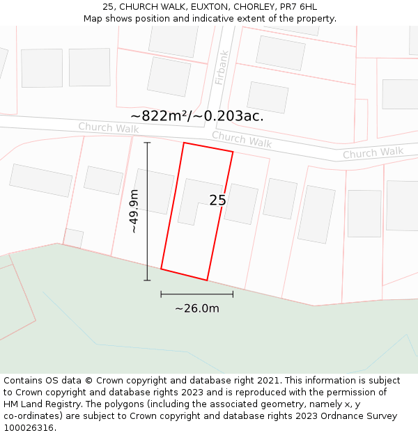 25, CHURCH WALK, EUXTON, CHORLEY, PR7 6HL: Plot and title map