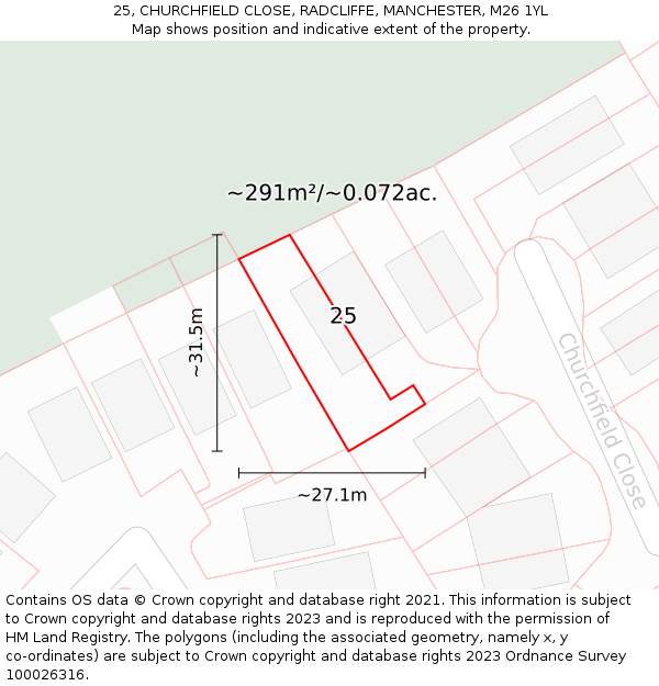 25, CHURCHFIELD CLOSE, RADCLIFFE, MANCHESTER, M26 1YL: Plot and title map