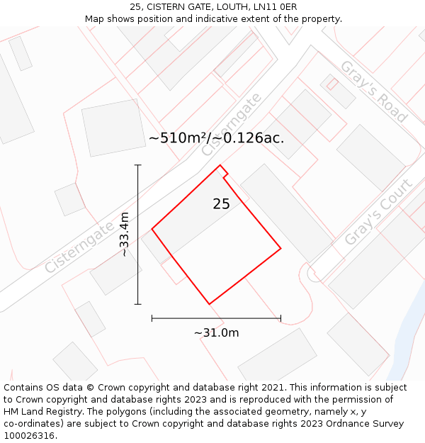 25, CISTERN GATE, LOUTH, LN11 0ER: Plot and title map