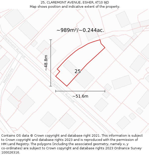 25, CLAREMONT AVENUE, ESHER, KT10 9JD: Plot and title map