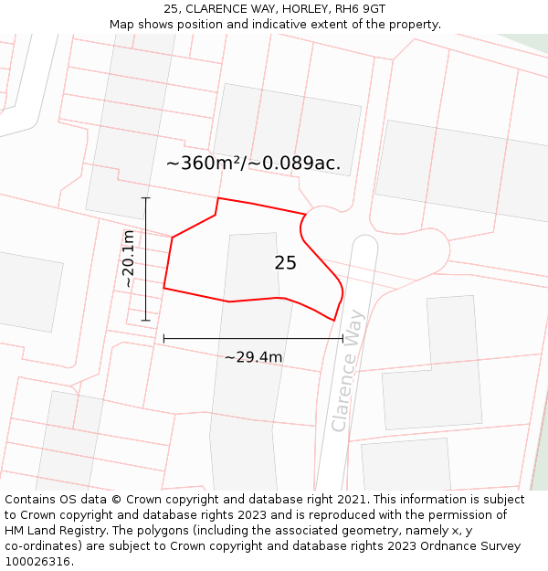 25, CLARENCE WAY, HORLEY, RH6 9GT: Plot and title map