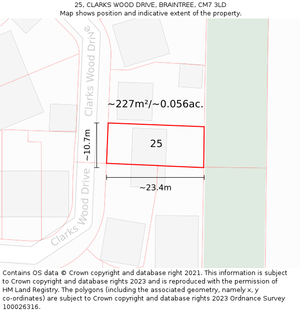 25, CLARKS WOOD DRIVE, BRAINTREE, CM7 3LD: Plot and title map