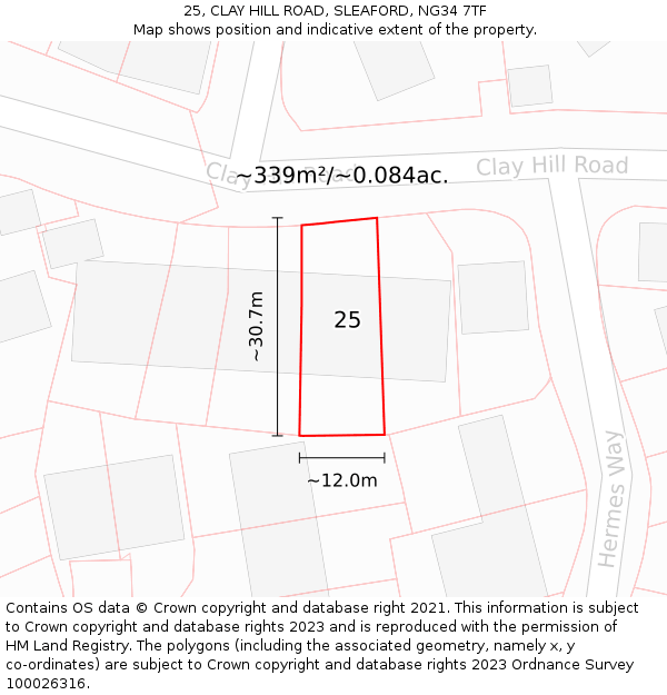 25, CLAY HILL ROAD, SLEAFORD, NG34 7TF: Plot and title map