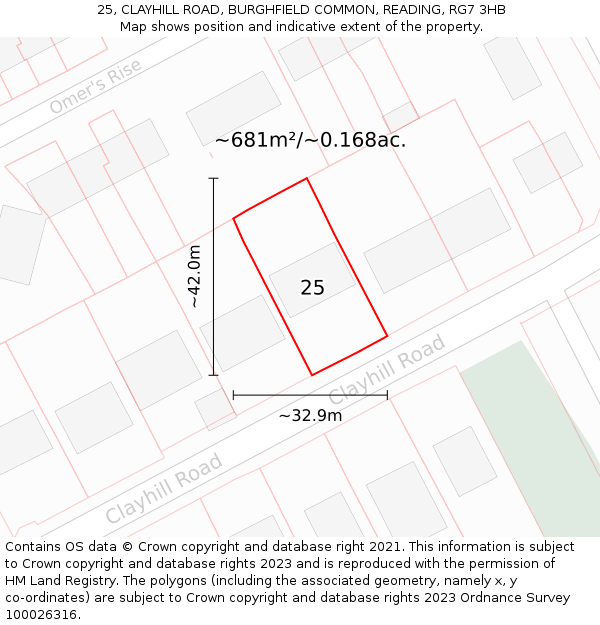25, CLAYHILL ROAD, BURGHFIELD COMMON, READING, RG7 3HB: Plot and title map