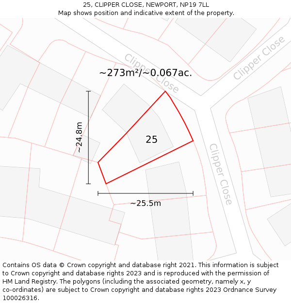 25, CLIPPER CLOSE, NEWPORT, NP19 7LL: Plot and title map