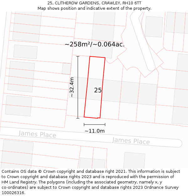 25, CLITHEROW GARDENS, CRAWLEY, RH10 6TT: Plot and title map